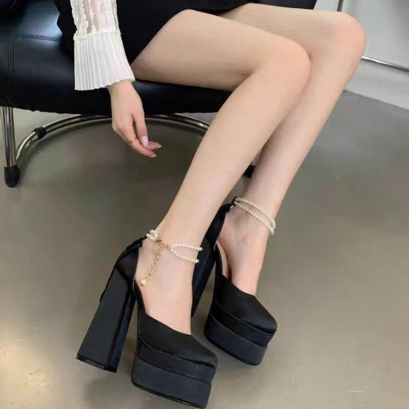 Fashion Women's Super High Heel Shoes Fall New Square Head Shallow Mouth Thick Sole Non-slip Pearl Chain Low Top Shoes