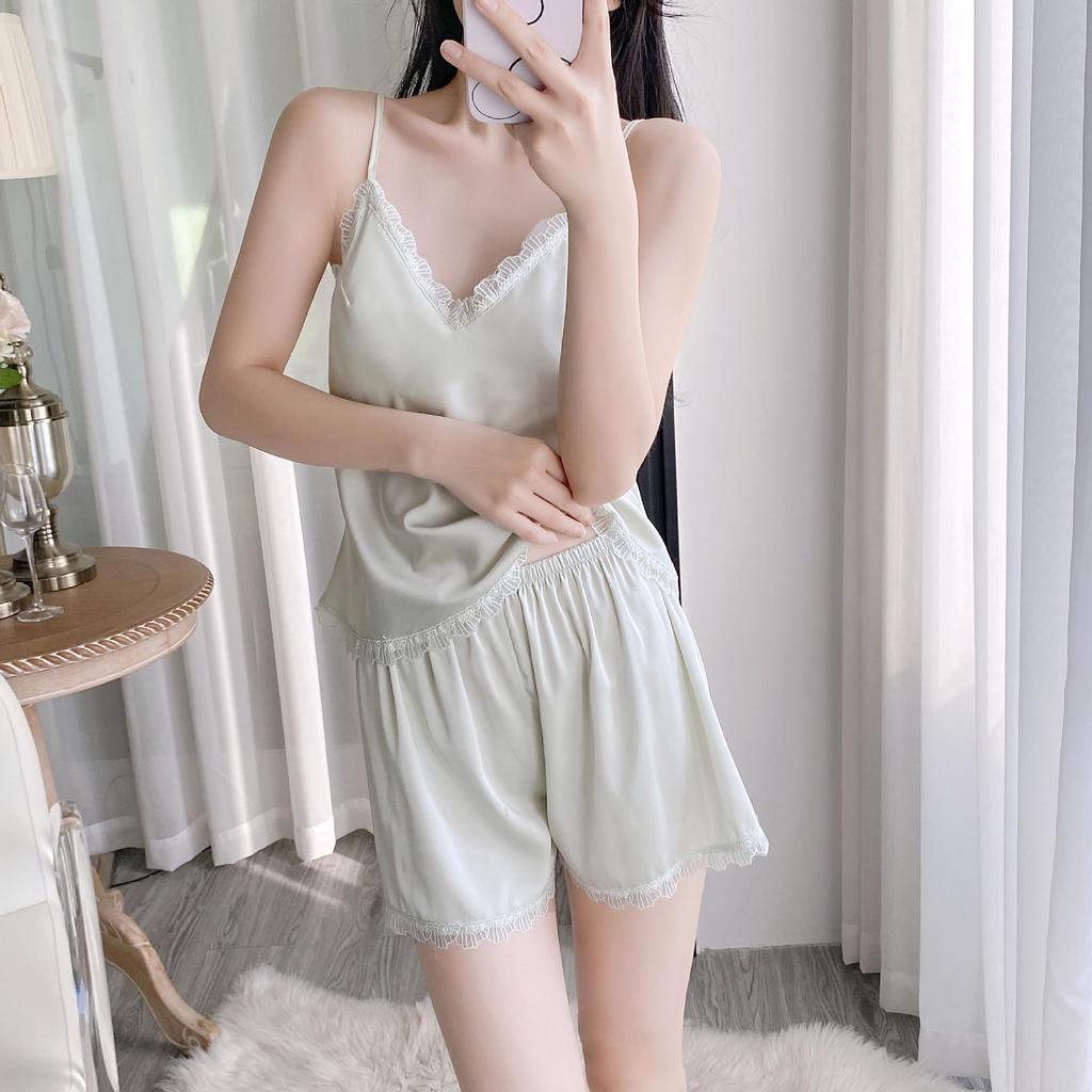 Women's Summer Ice Silk Lace Trim Pajama Set with Chest Pads
