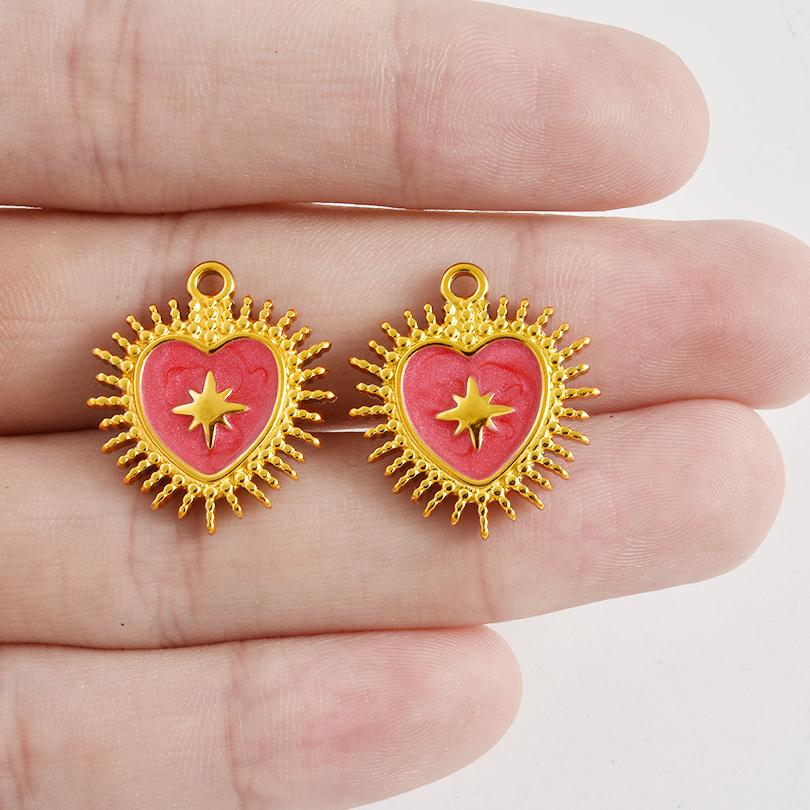 2pcs No Fade Real Gold Plated Enamel Heart Charm Stainless Steel Charms For Jewelry Making Love Pendants Halloween Accessories