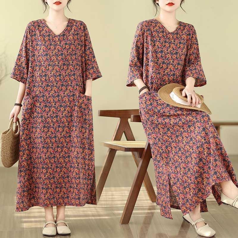 Literary Retro Vacation Style Travel Dress Plus Covering Flesh Skinny V-Neck Long Dresses