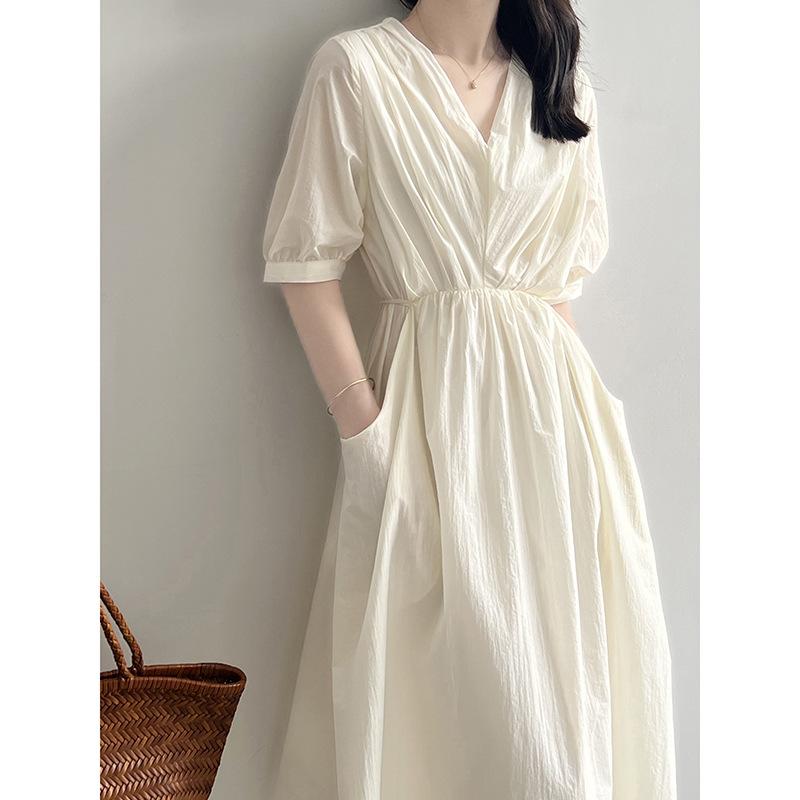 Vintage V-neck Pleated Dress Summer Women's Temperament Tie Waist Mid-length Dress