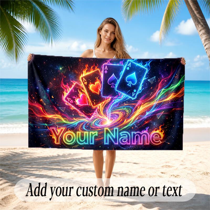 Cards Casino Theme Quick Dry Beach Towel Custom Name Text Print Large Sand Resistant Towel Beach Vacation
