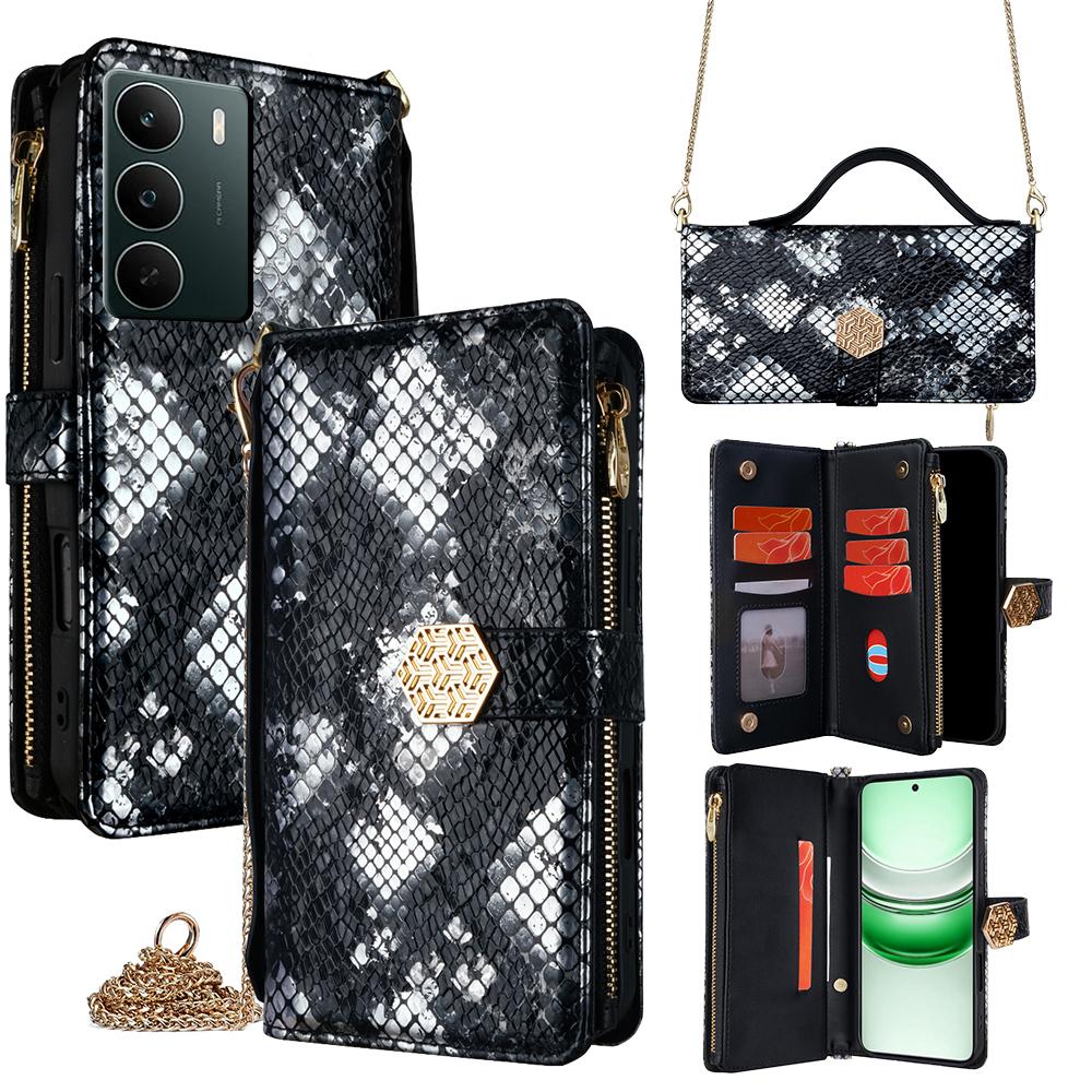 

Для Realme C71 4G Чохол Текстура зміїної шкіри Шкіряний чохол-гаманець для телефону з плечовим ремінцем Black