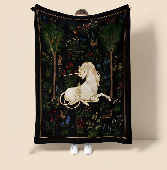 Enchanting Cartoon Unicorn Flannel Blanket, All-Season Machine Washable Multi-Color Throw with Magical Forest and Floral Design 75X95CM