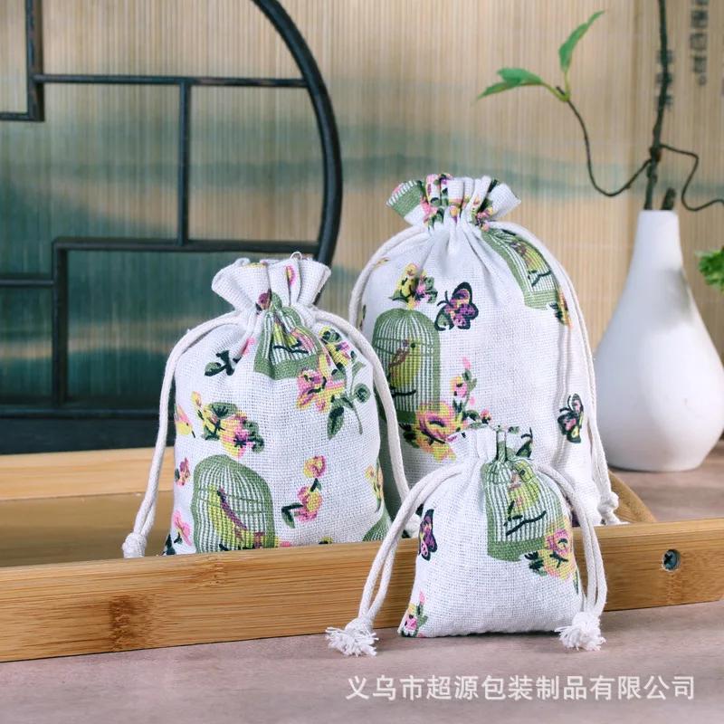10pcs/lot Linen Drawstring pocket Cute Pattern Printed DIY wedding Candy Storage Bag Travel Makeup Cloth Shoes Sundries Storage
