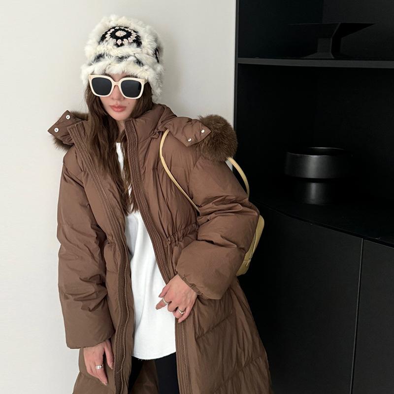 2025 New Down Jacket Women's Long Waist White Duck Down Loose Fox Big Fur Collar Korean Thin Coat Tide