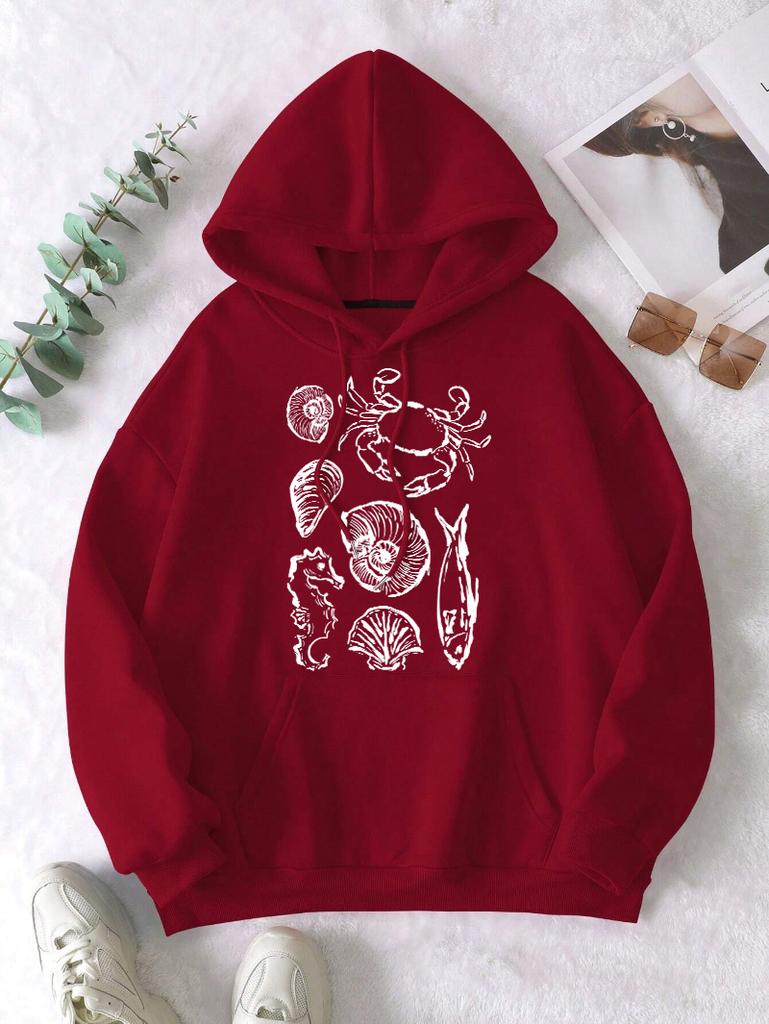 Ocean Fauna Fish Conch Design Women Hoody Loose Fleece Hoodie Autumn Y2K Pocket Hoodies Multicolor Soft Woman Streetwear