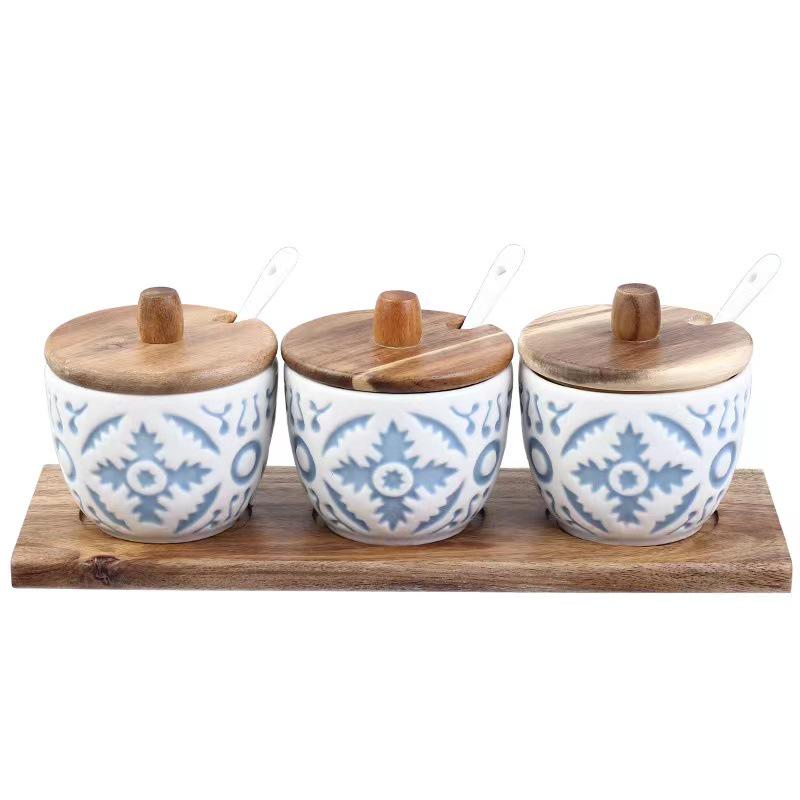 Japanese Seasoning Box Set: Three-Piece Embossed Ceramic Jars with Wooden Holder and Spoon