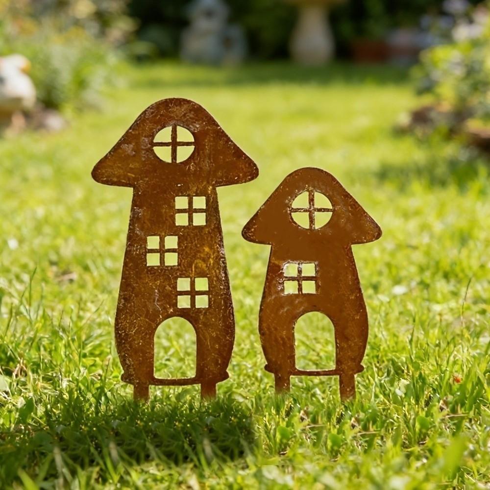 Mushroom House-Shaped Mushroom Garden Inserts Metal Rusty Mushroom Plaque  Courtyard Balcony