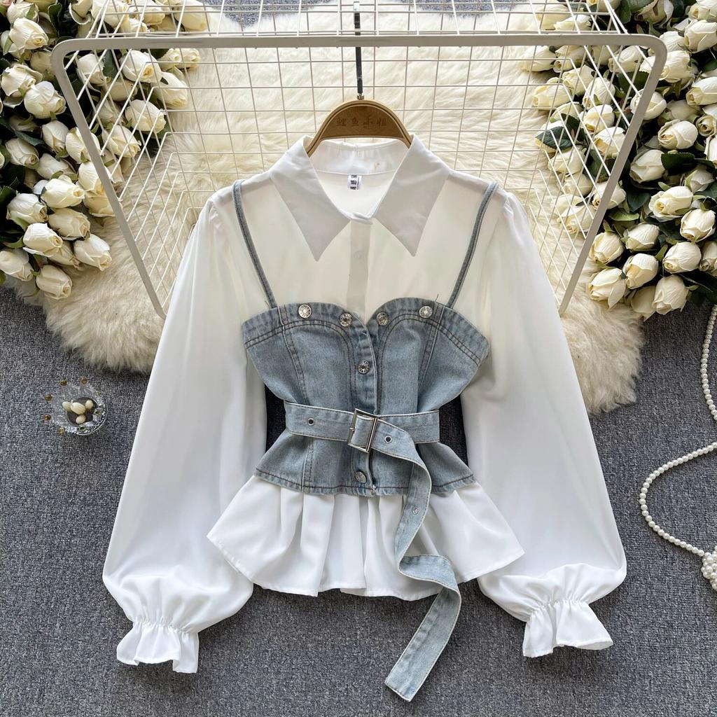 Koreanische Serie Tragen Alter-Reduzierung Set Retro Denim Cami Gestapelt Alle-Matching Puff Sleeve Shirts Zwei-stück Set Top