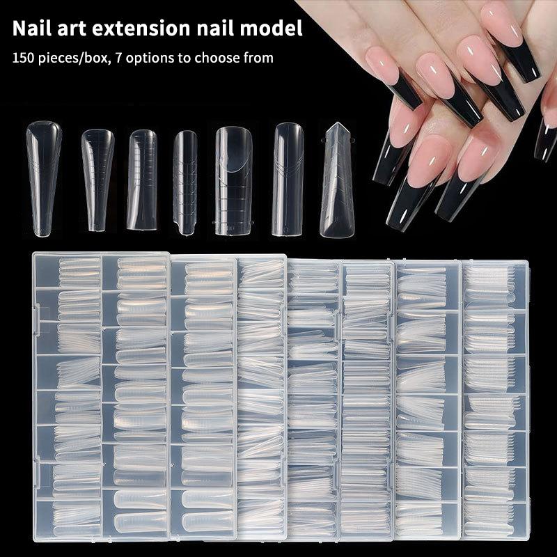 150Pcs Coffin Shape Sandwich Nail Forms Natural Clear No-Trace Nail Art Tips With Auxiliary Line Almond Shape Nail Tips