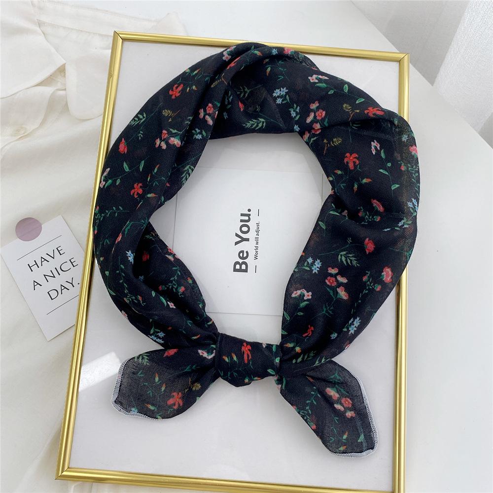 Floral Cotton Linen Silk Scarf: Women's Square Headband for Spring, Summer, Autumn - Korean Fresh Style