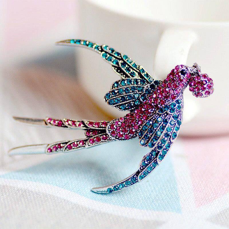 European and American Retro Vintage Style Imitation Enamel Diamond-Encrusted Swallow and Magpie Brooch for Coat and Jacket, Gift