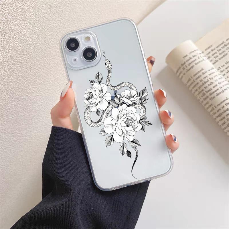 Luxurious Black White Flower Snake Clear Phone Case for IPhone X XR XS 14 13 12 11 Pro Max Mini 7 8Plus Unique Dragon Back Cover