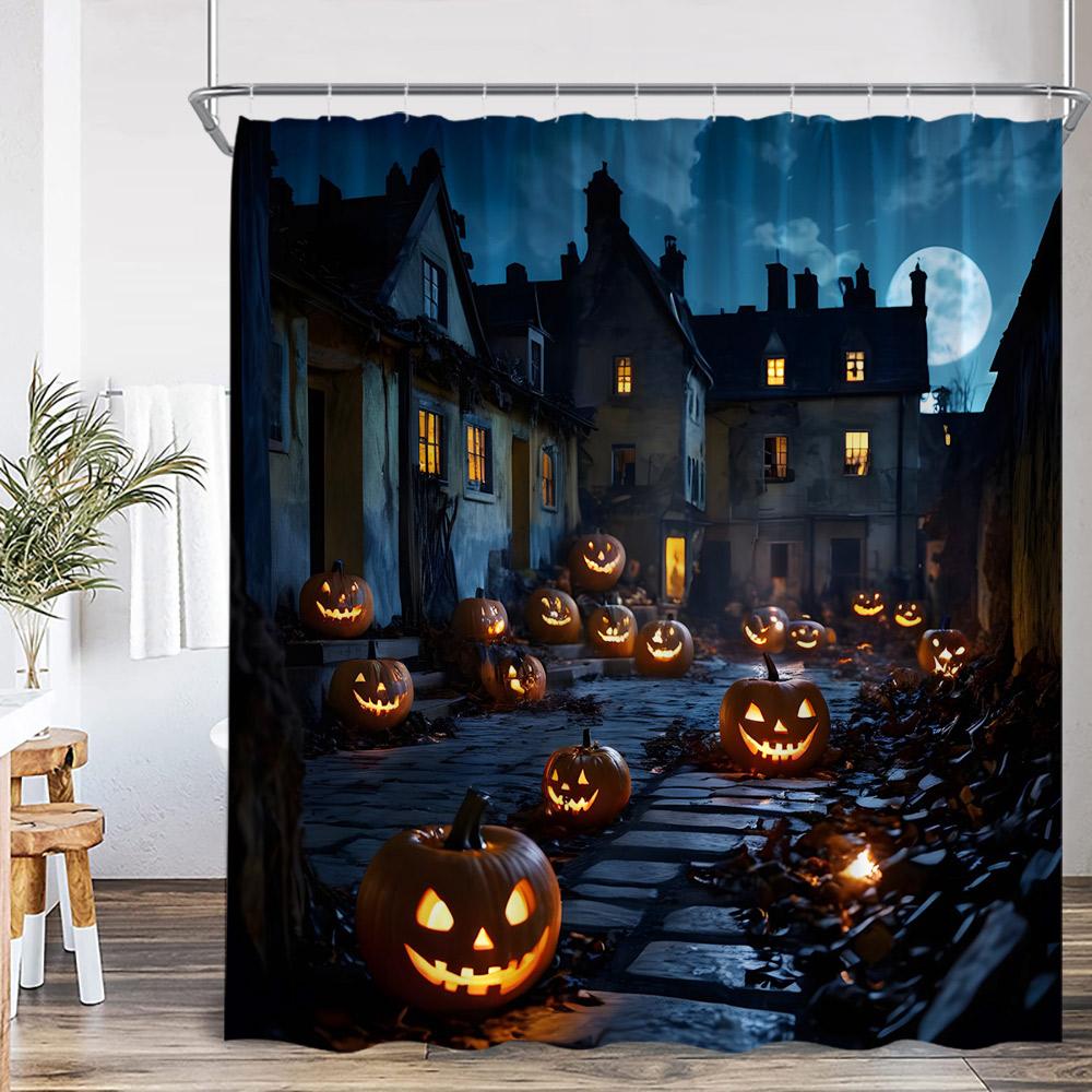 

Halloween Shower Curtain Dark Forest Haunted House Graveyard Pumpkin Lantern Ghost Spooky Bathroom Decor Halloween Bath Curtain W60H190(CM)-1 Pcs