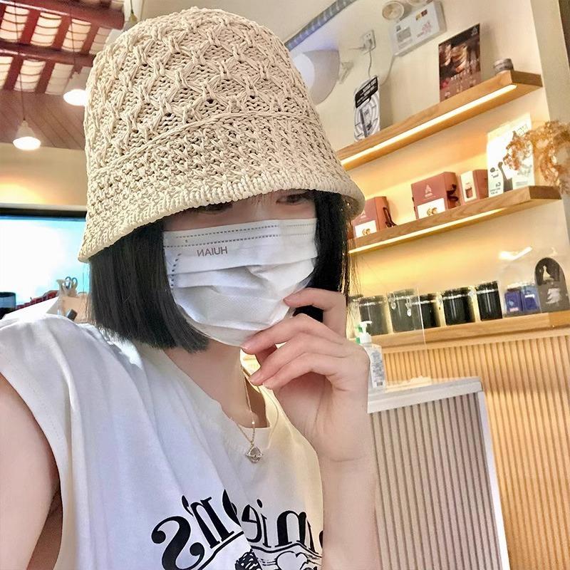 Hat Summer Women's Summer New Knitted Hollow Bucket Hat Showing Face Small Bucket Hat Sunscreen Visor