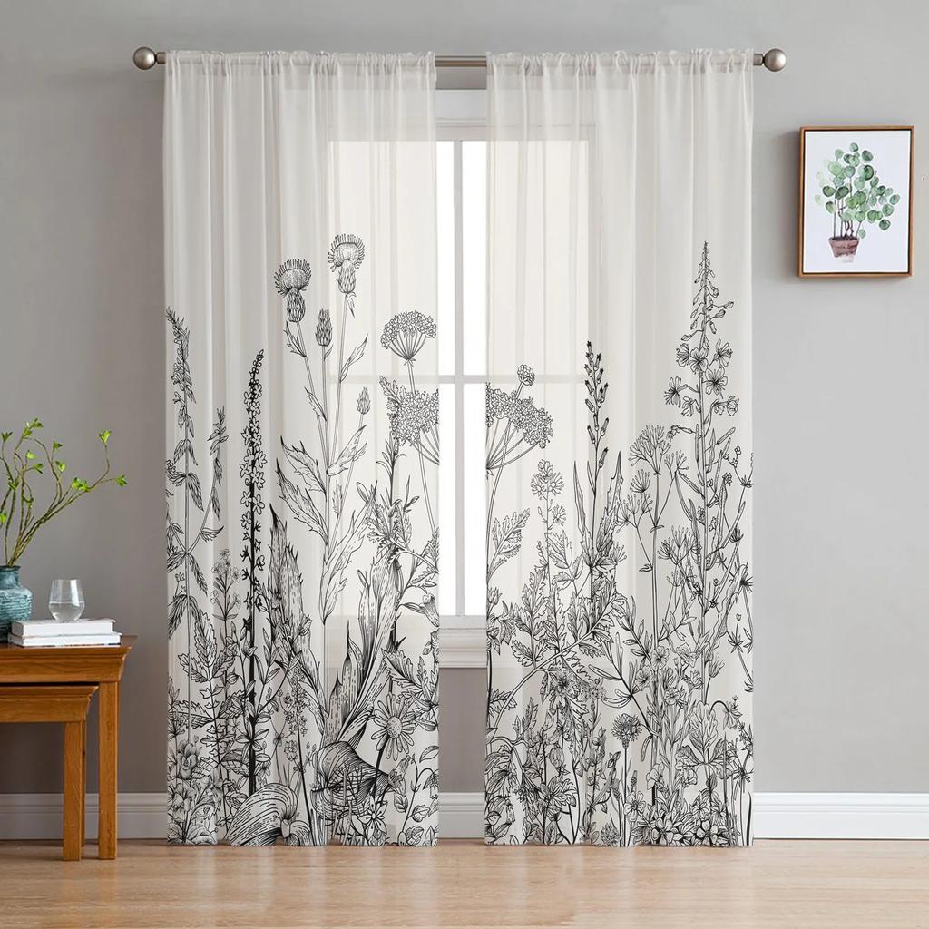 Vintage Herbaceous Floral Butterfly Flower Tulle Curtains Living Room Kitchen Window Decoration Chiffon Voile Sheer Curtain