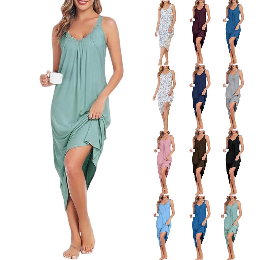 Women's Soft Long Elegant Lace V-Neck Home Clothes Sexy Loose Sleeveless Casual Dress