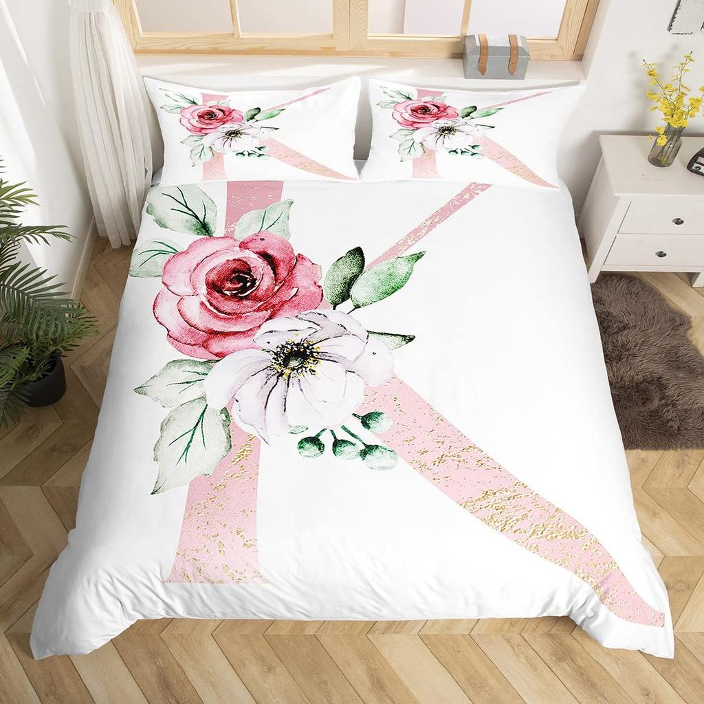 Vintage Flower King Full Queen Duvet Cover Retro Pink Floral Comforter Cover Rose Green Leaves Bedding Set Polyester Quilt Cover