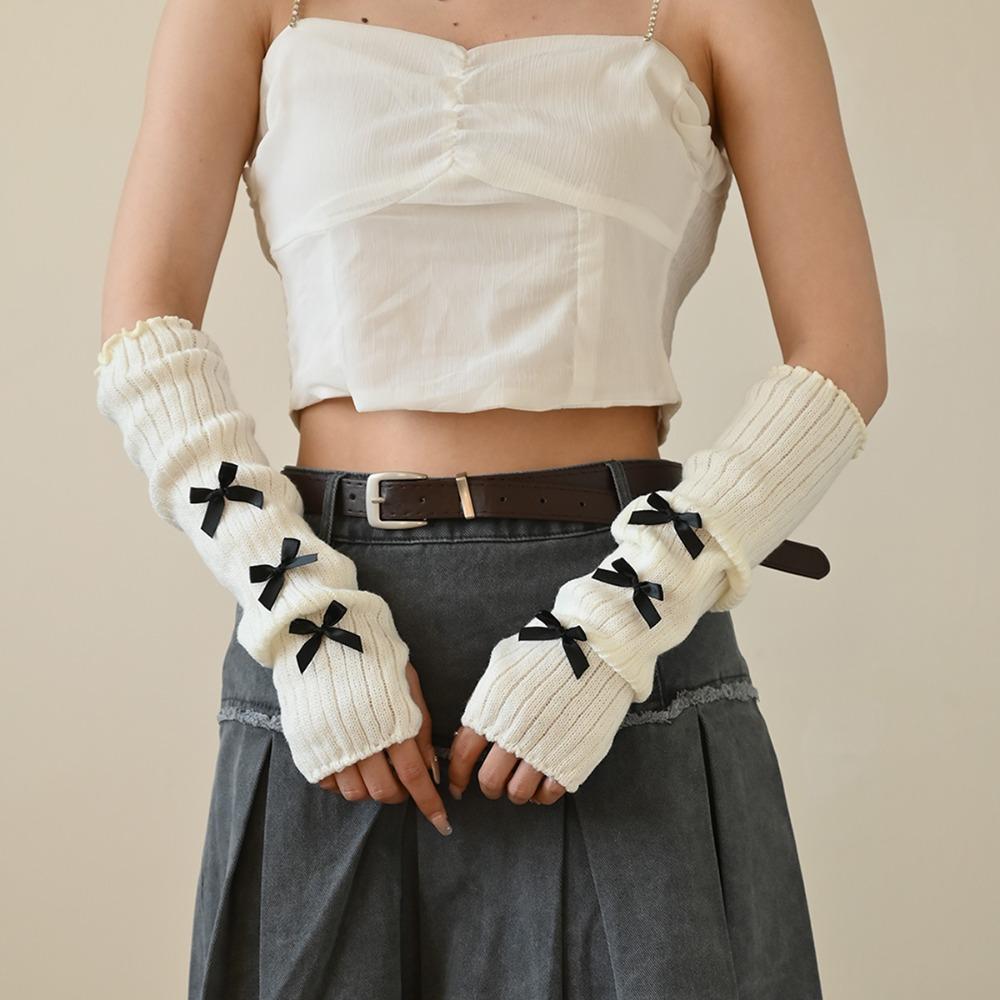 Bow Star Long Wrist Gloves Knitted Fingerless Gloves Trendy Warm Arm Sleeve  JK Accessories