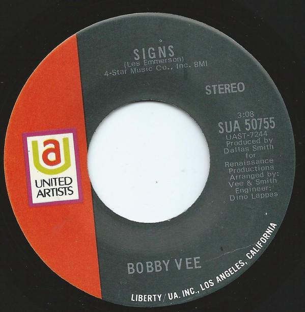 

7inch Record BOBBY VEE Signs SUA50755 United Artists 1971 Canada Pop Used