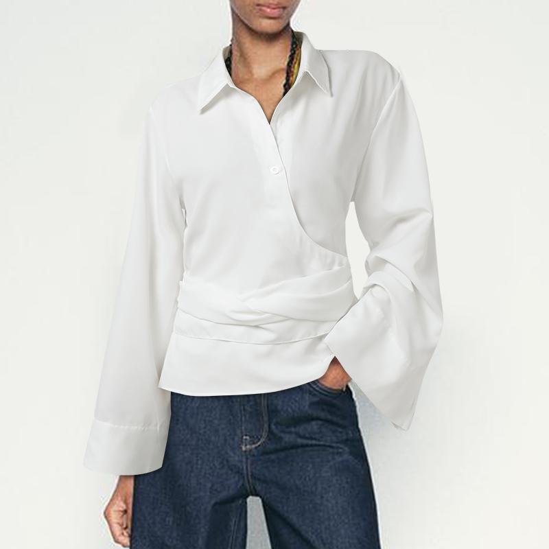 VONDA Women Lapel Neck Long Sleeve Irregular Buttons Belt Casual Loose Shirts