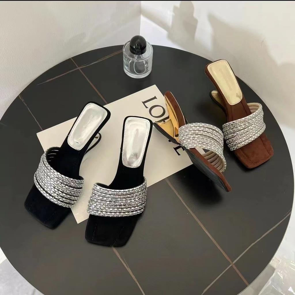 French Style Rhinestone Sandals for Summer Wear In 2026 with a Mid Heel and High Heels and Square Toe Sandals