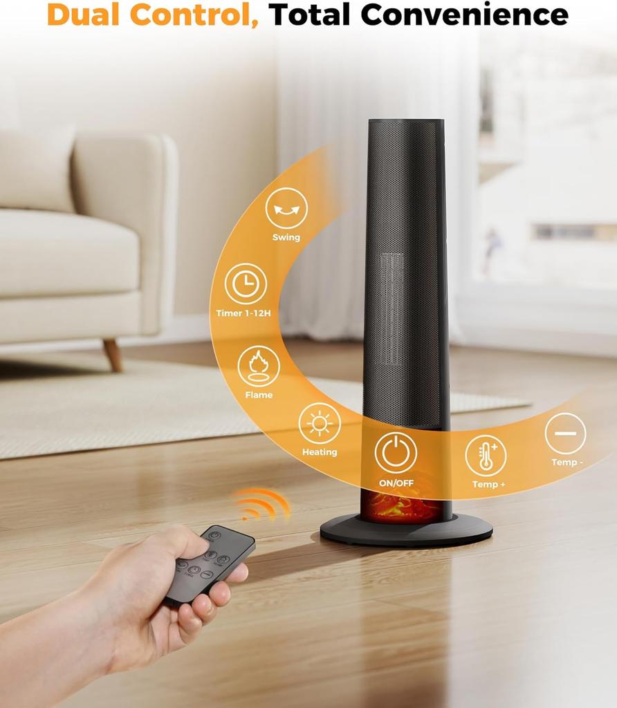 Portable 25' Tower Heater with 3D Flame, Remote, Adjustable Thermostat, 2 Heat Modes, Safety Features, 12H Timer, Quiet Operatio