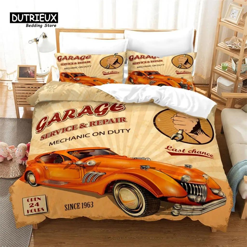Retro Auto Bettbezug Full Vintage Autos Bettwäsche Set Stadt Gebäude Bettdecke Bezug Kissenbezüge Für Kinder Jungen Teenager Schlafzimmer Dekor