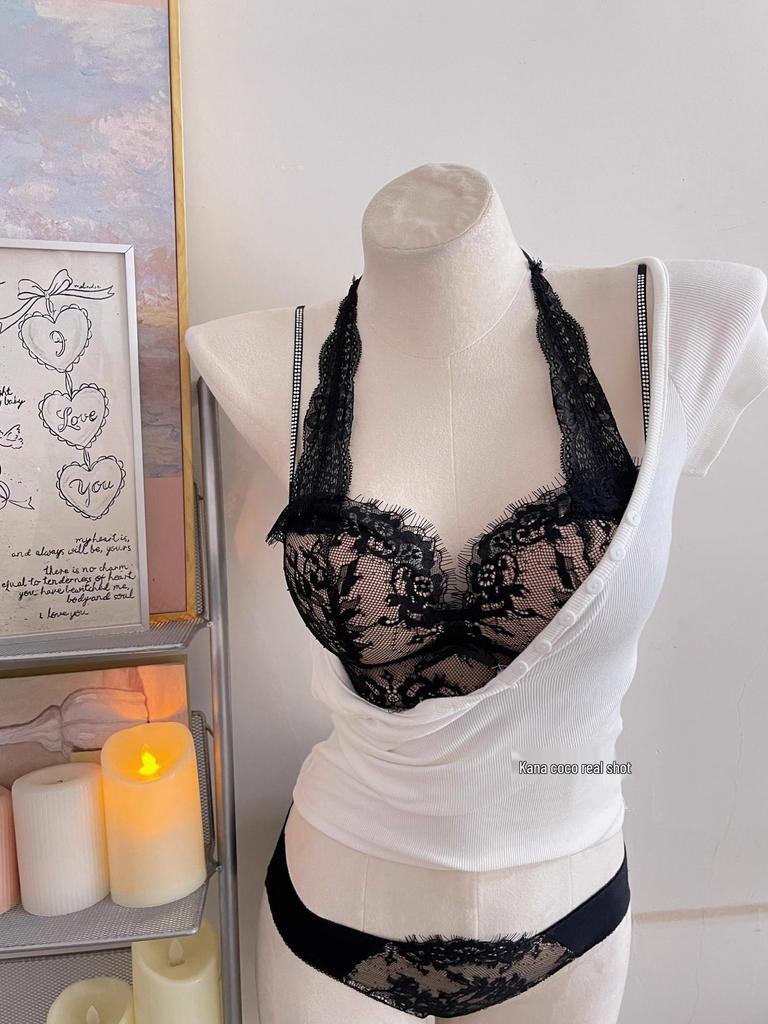 French Pure Desire Lingerie Set: Halter Lace Bra & Beautiful Back Anti-Sagging Bra