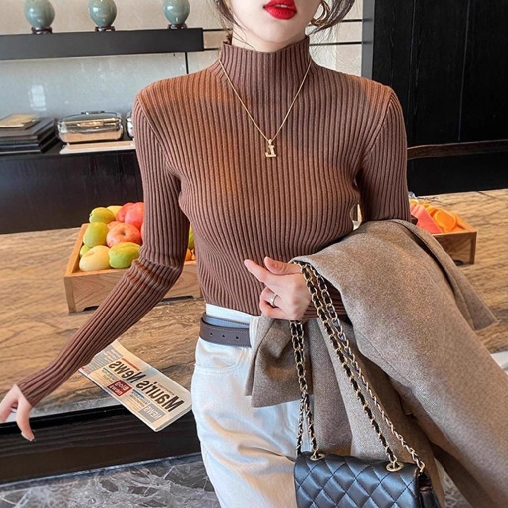 Half Height Collar Vertical Striped Sweater Base Shirt, Women's Spring and Autumn Long Sleeved Top, Inner Knit Sweater