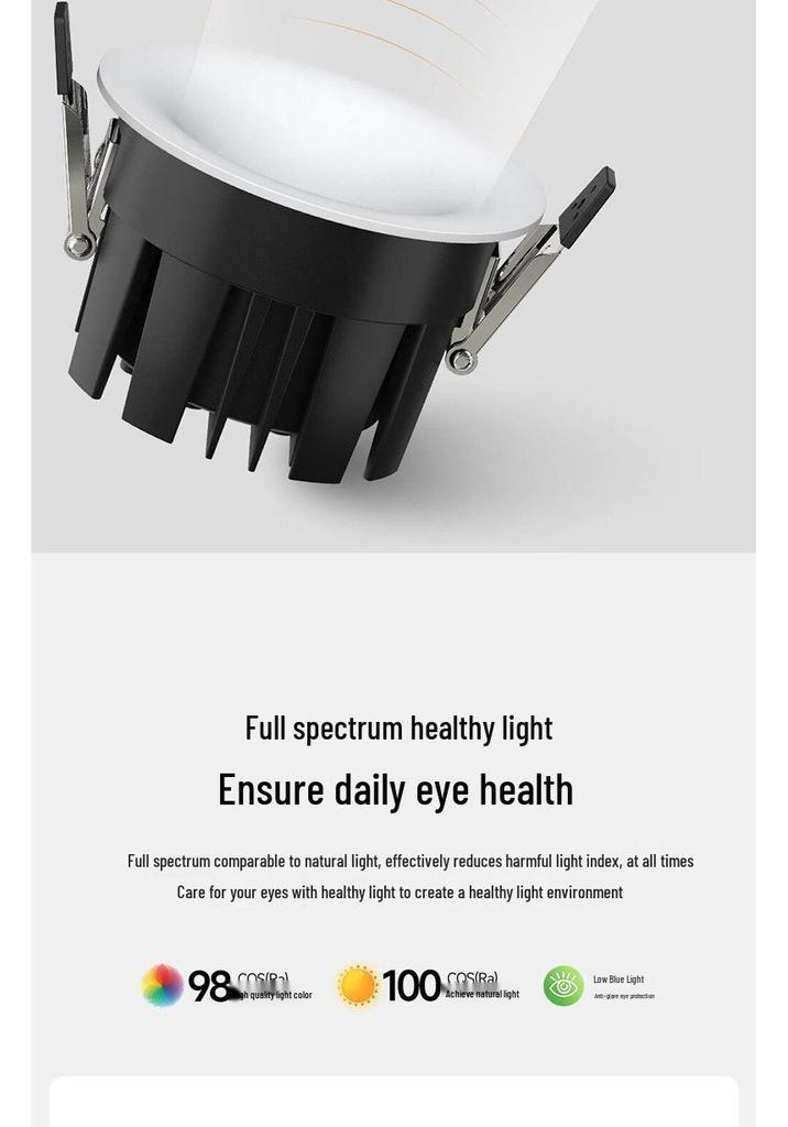 Frameless 75mm LED Downlight, Deep Anti-Glare, Eye-Protective Spotlight for Living Rooms.