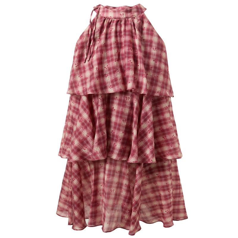 SanCai Lyocell Bowknot Plaid Halter A-line Mini Dress L