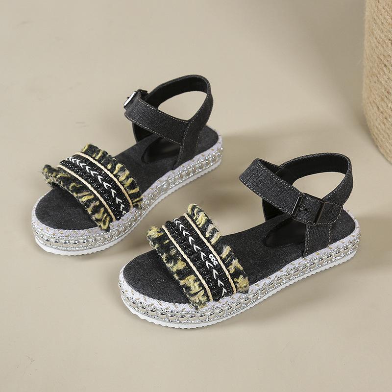 

Sandals women s 2025 summer new Korean version of one-word buckle hemp rope muffin thick-soled open-toed Roman sandals 35 чёрный
