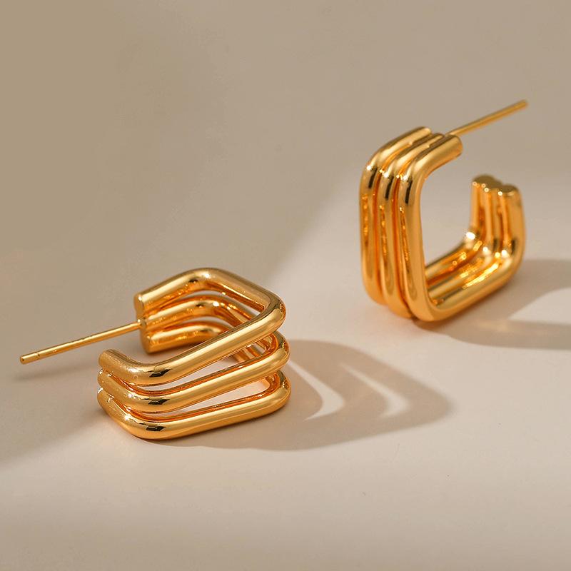 Geometric Square Gold Plated Copper Earrings Minimalist Design