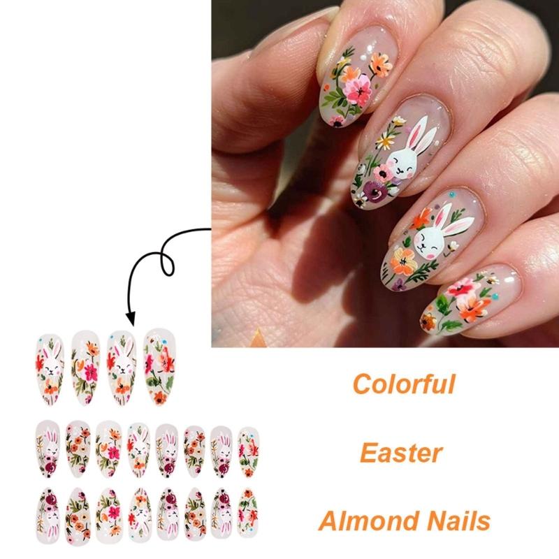 24 Stück Ostern Aufdrücknägel Glänzende Acryl-Falschnägel mit Blumendesigns Aufklebenagel für Frauen und Mädchen Maniküre