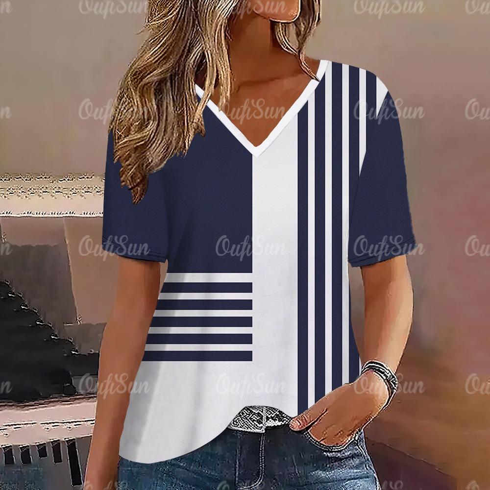 Damen T-Shirt, Sommer gestreiftes Kurzarm T-Shirt, blau V-Ausschnitt Mode, Damenbekleidung, neues lässiges Damen T-Shirt, Pullover