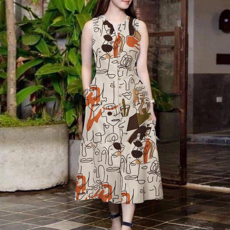 

ZANZEA Женское повседневное платье с V-образным вырезом и без рукавов с принтом S белый