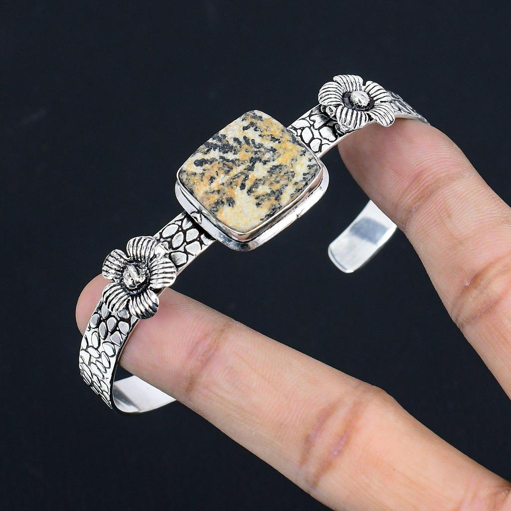 Natural Psilomelane Dendrite Bangle Flower Adjustable 925 Silver For Women