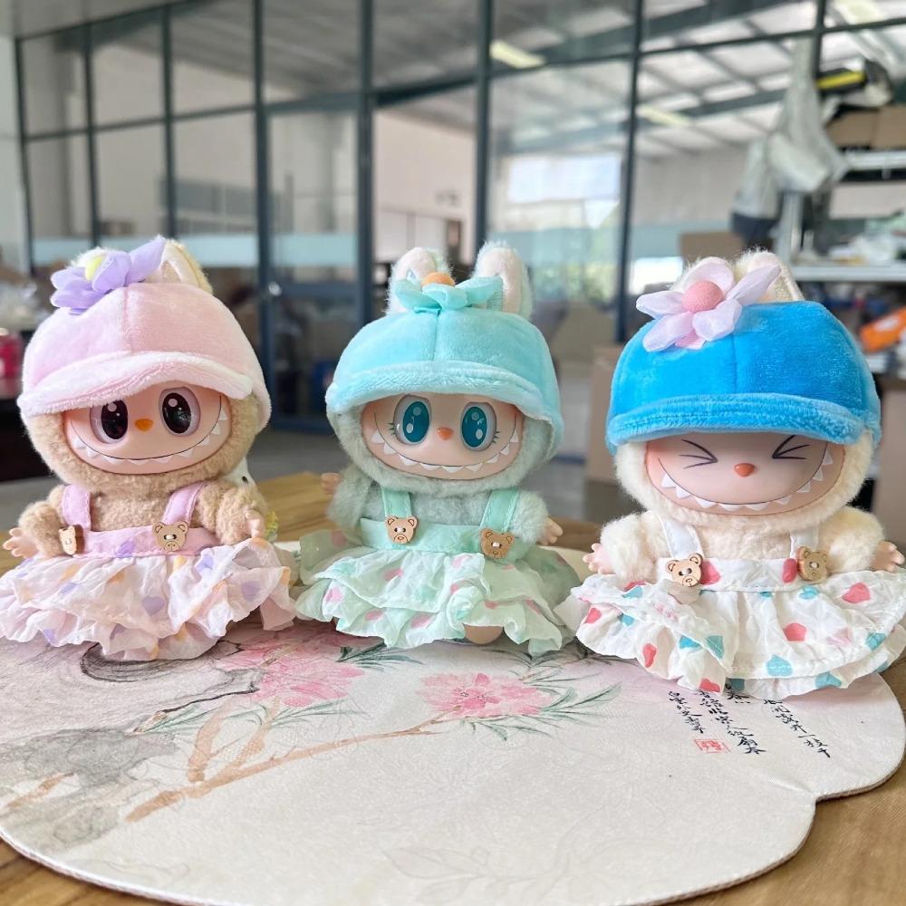 17cm Labubu Doll Outfit with Pleated Skirt Flower Hairpin and Baseball Cap Hat Set Labubu Clothing Accessories