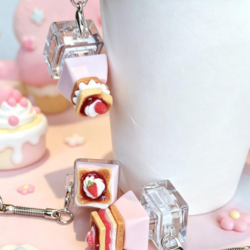 Cute Kawaii 3D Strawberry Toast Keycap Keychain Pressable Switch Backpack Pendant for Teens Gift