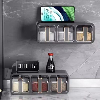 Non Perforated Kitchen Seasoning Storage Box with Spoon, Wall Mounted Sealed Moisture-proof Transparent Seasoning Container Set
