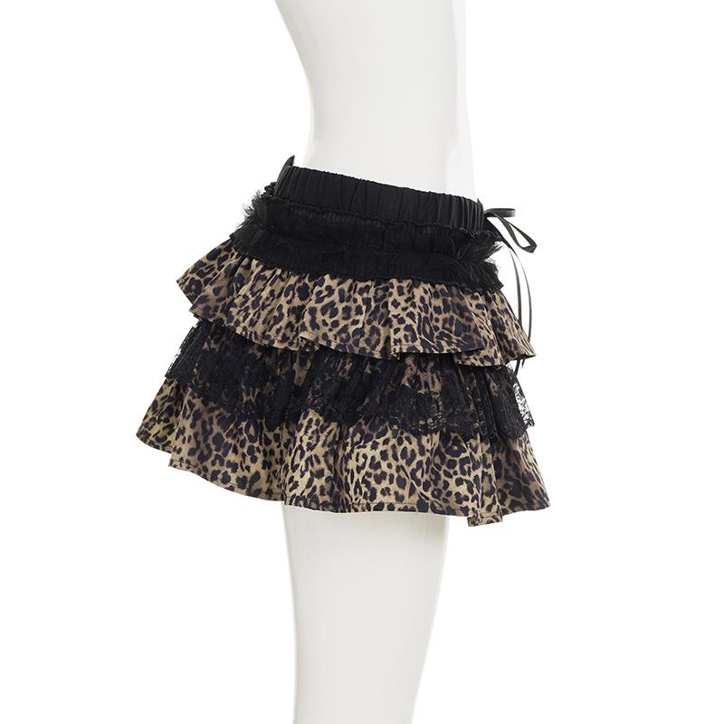 Leopard Print Lace Patchwork Y2K Skirt - European & American Sexy Slim Fit