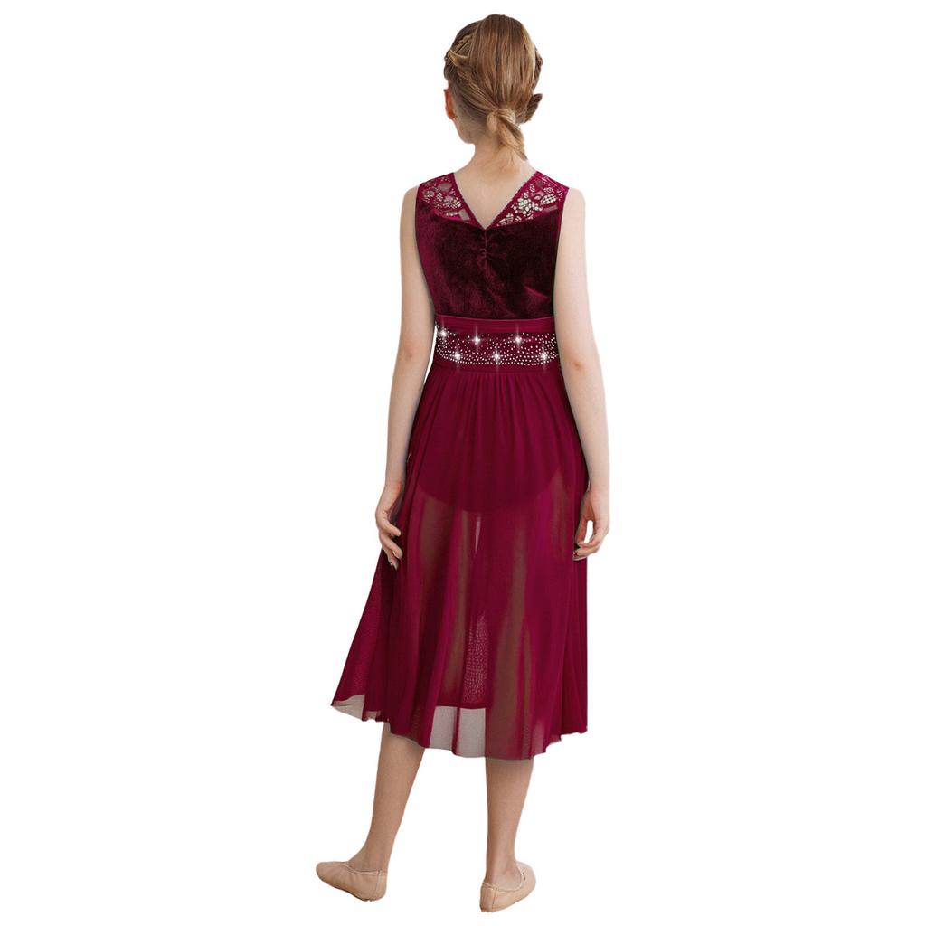 Lyrisches Tanzkleid für Mädchen: Funkelnde Strasssteine auf Spitzen-Patchwork & Raffinierte Netz-Überlagerung mit elegantem asymmetrischem Saum