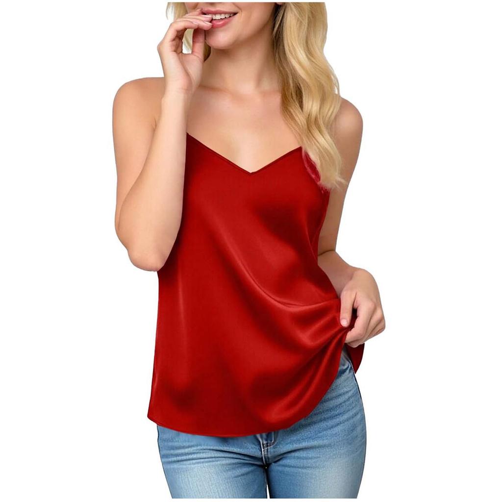 Women's Fashion Casual Satin V-Neck Adjustable Straps Tank Top