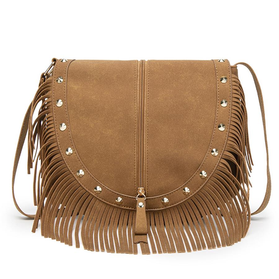 

New retro rivet tassel women s flip cover bag matte leather saddle bags versatile solid color single-shoulder crossbody bag sac 29x3x25cm коричневый