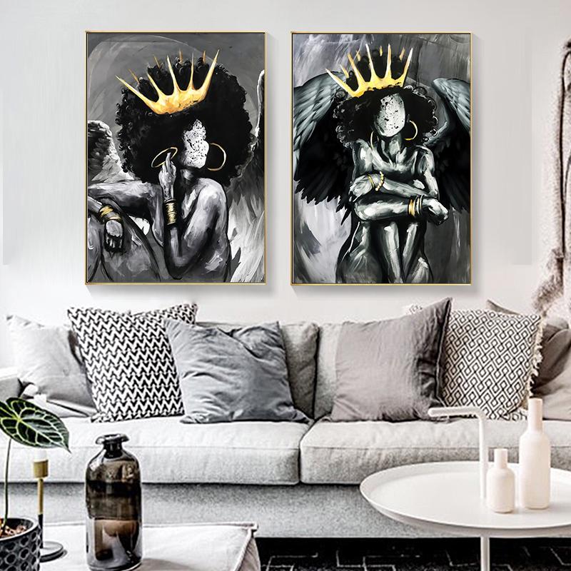 Afrika Engel Königin Schwarz Mädchen Junge Nordic Poster Und Drucke Wand Kunst Leinwand Malerei Wand Bilder Für Wohnzimmer Club decor