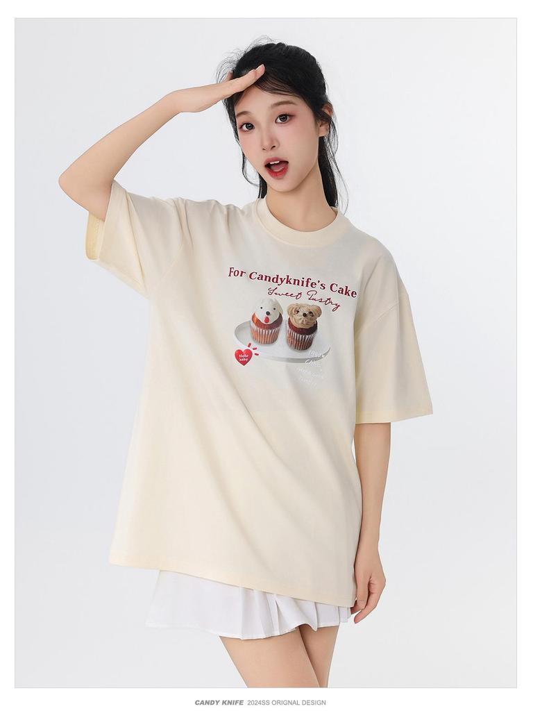 Korean Style Summer Cake Print Girlish Creamy Short Sleeve T-Shirt - Loose Round Neck Couple Outfit