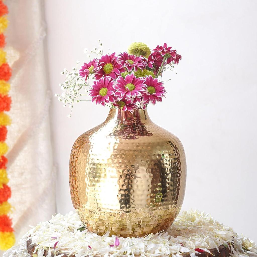 Metal Hammered Bud Round Shape Vase for Home Decor Decoratives for Indoor Outdoor Living Room Balcony | Best Gift