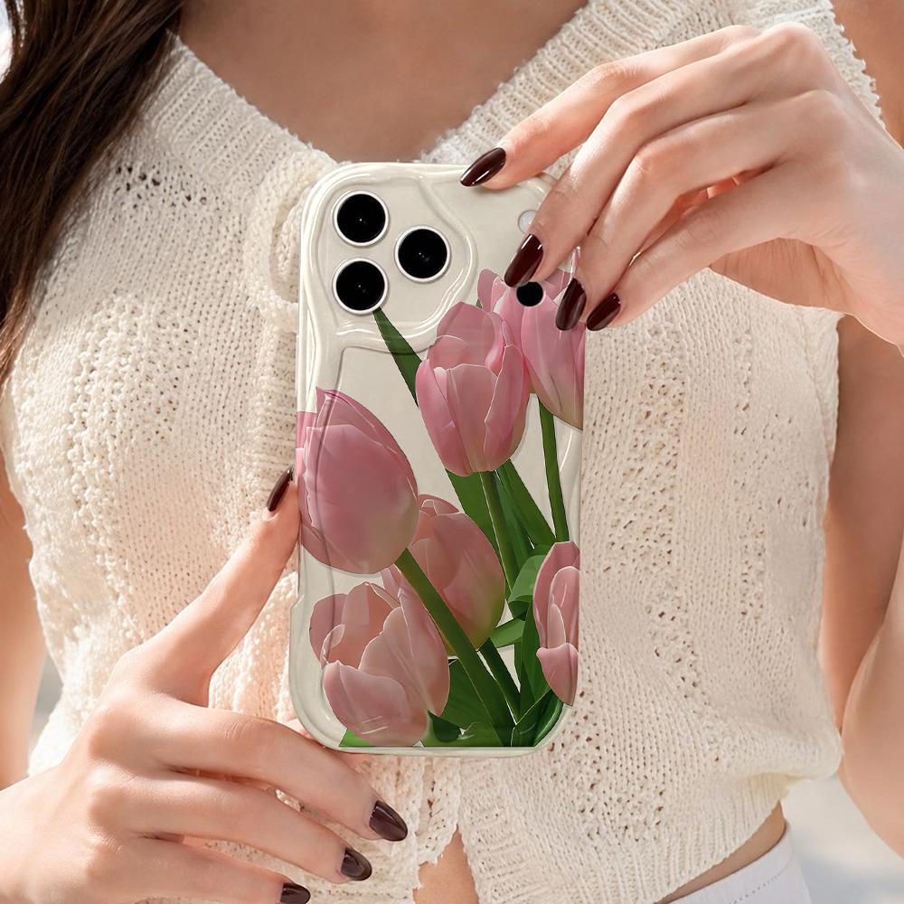 Pink Tulip Floral Pattern Wavy Edge Phone Case For iPhone 17 16 15 14 13 12 11 8 7 Plus Pro Max Spring Theme Soft Cover